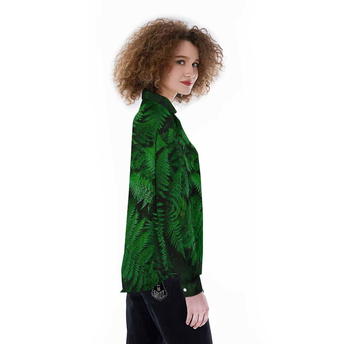 Fern Leaf Green Print Women's Long Sleeve Shirts-grizzshop