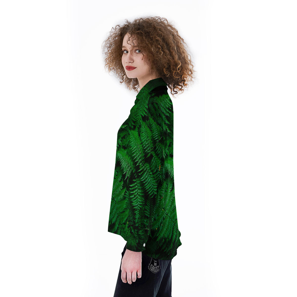 Fern Leaf Green Print Women's Long Sleeve Shirts-grizzshop