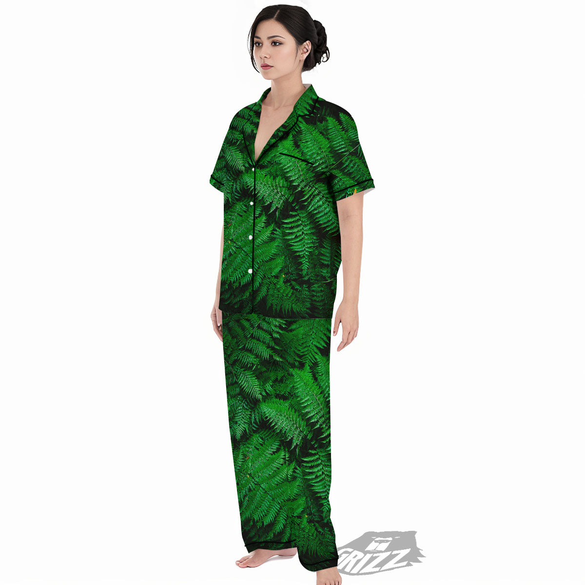 Fern Leaf Green Print Women's Pajamas Set-grizzshop