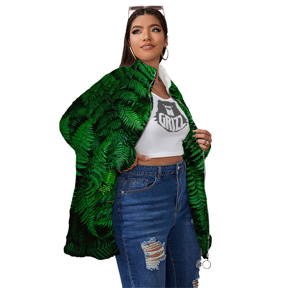 Fern Leaf Green Print Women's Sherpa Jacket-grizzshop