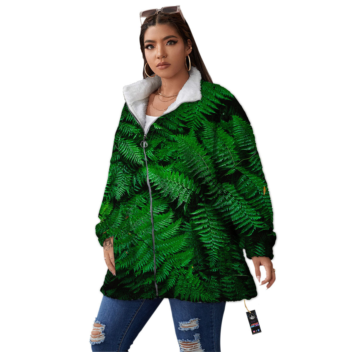 Fern Leaf Green Print Women's Sherpa Jacket-grizzshop