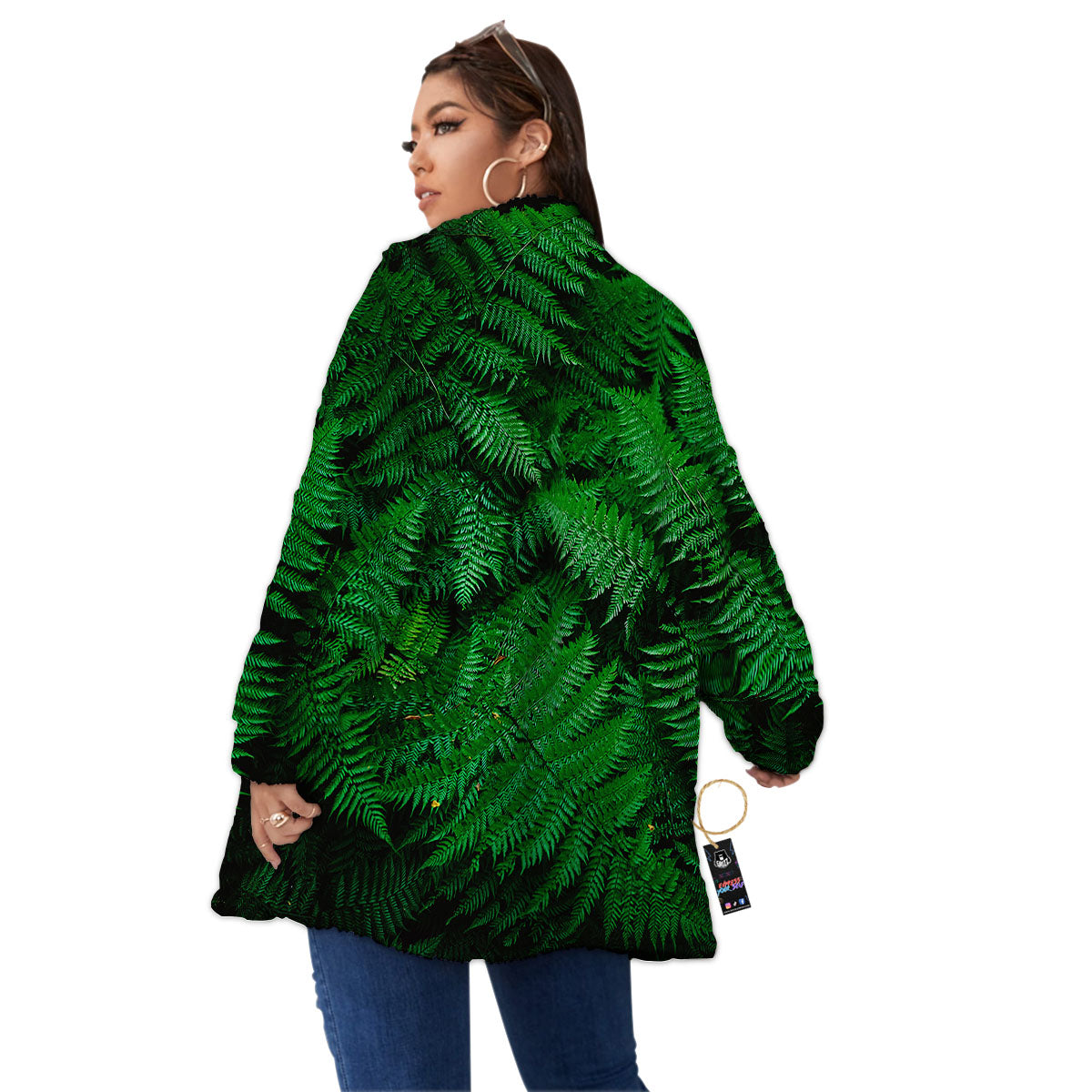 Fern Leaf Green Print Women's Sherpa Jacket-grizzshop