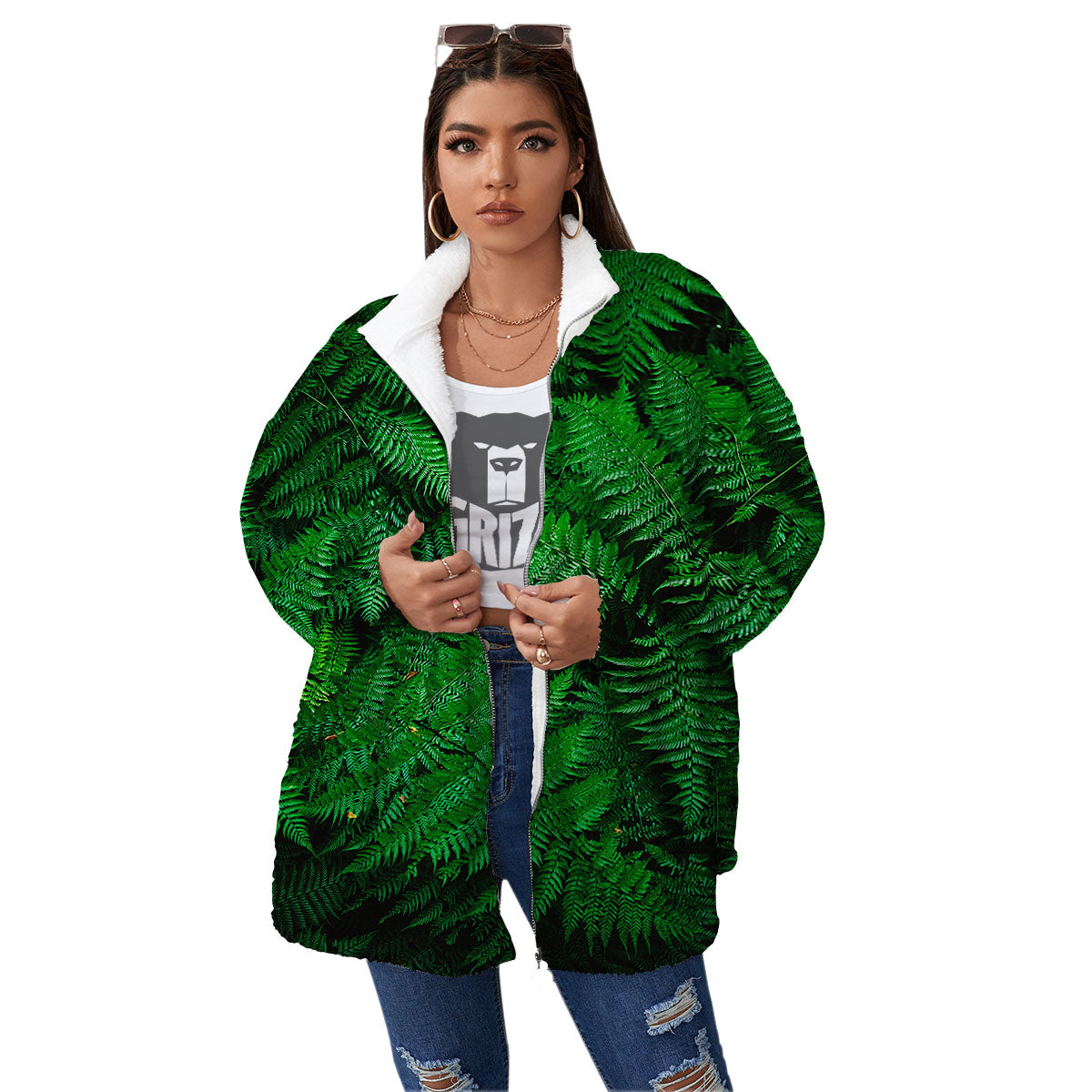 Fern Leaf Green Print Women's Sherpa Jacket-grizzshop