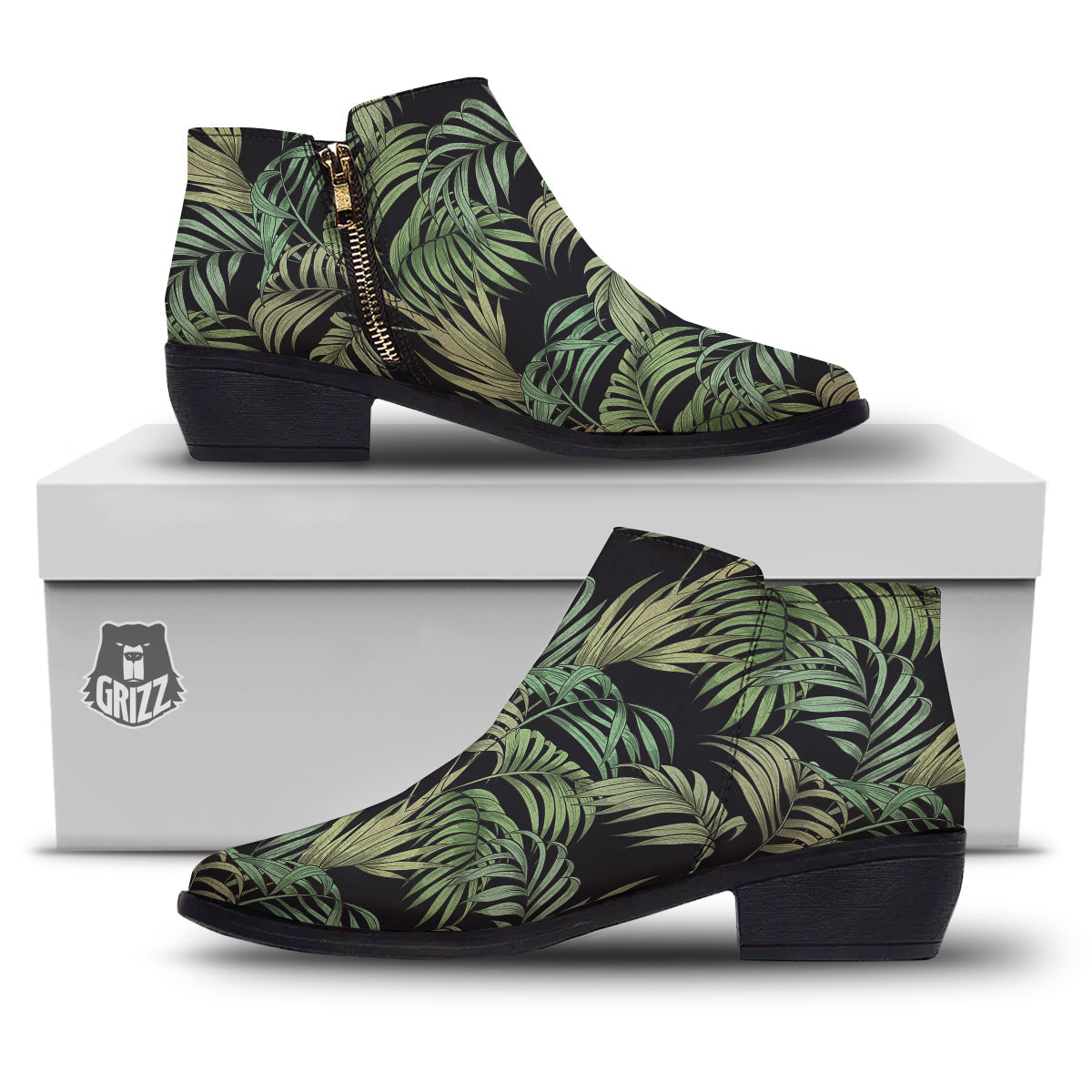 Fern Leaf Tropical Print Pattern Ankle Boots-grizzshop