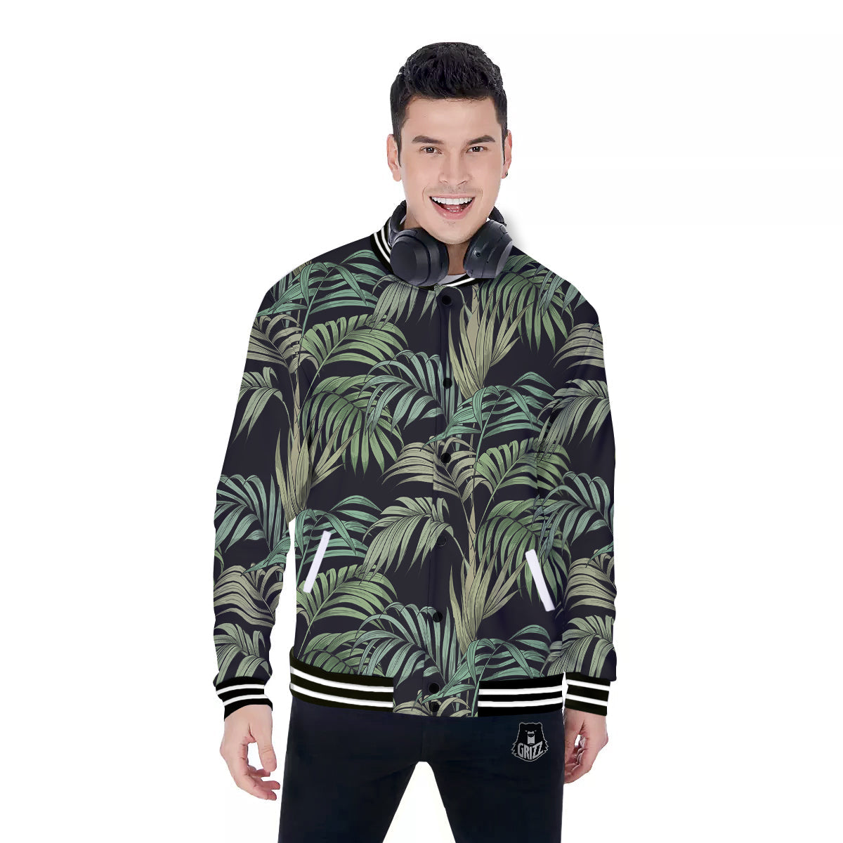 Fern Leaf Tropical Print Pattern Baseball Jacket-grizzshop