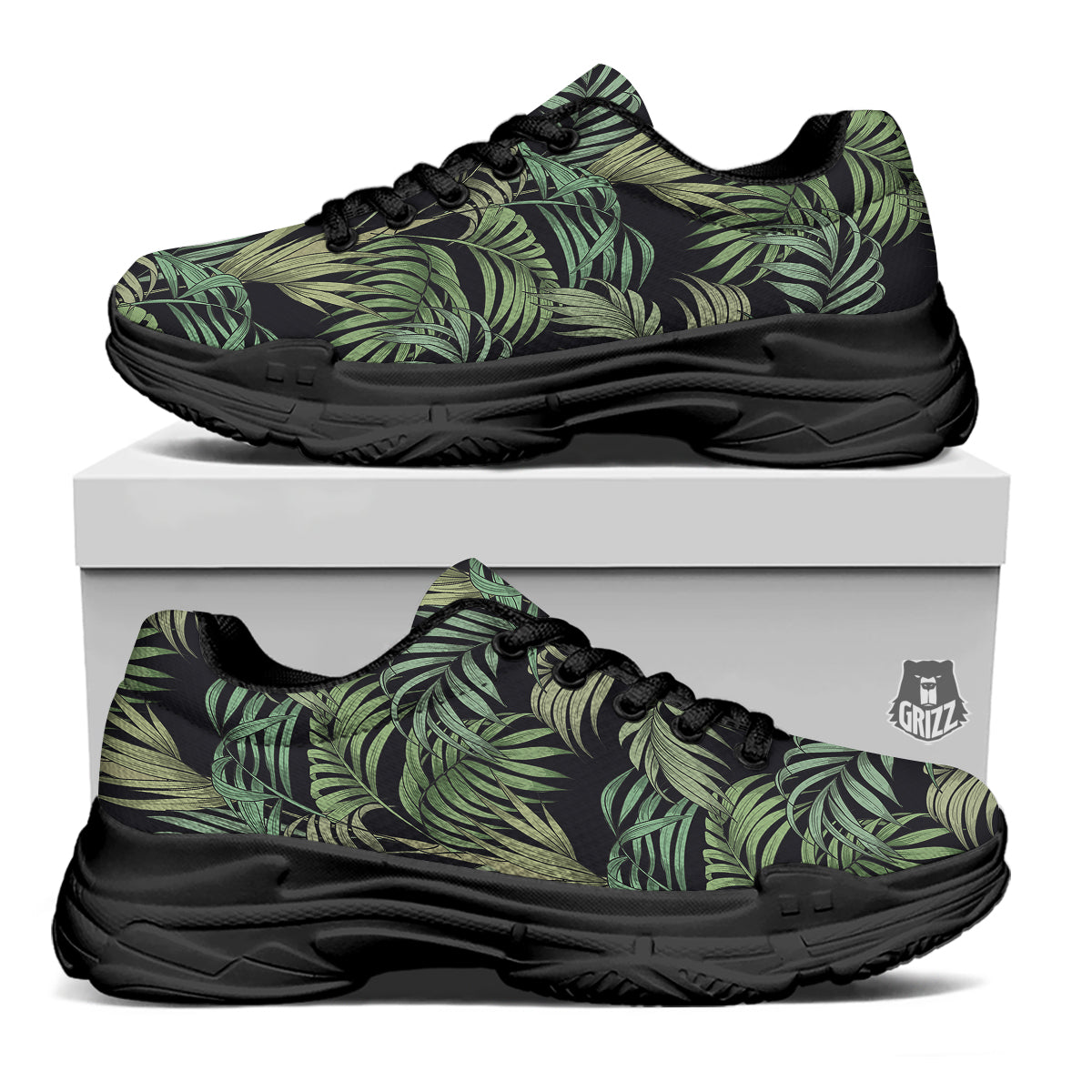 Fern Leaf Tropical Print Pattern Black Chunky Shoes-grizzshop