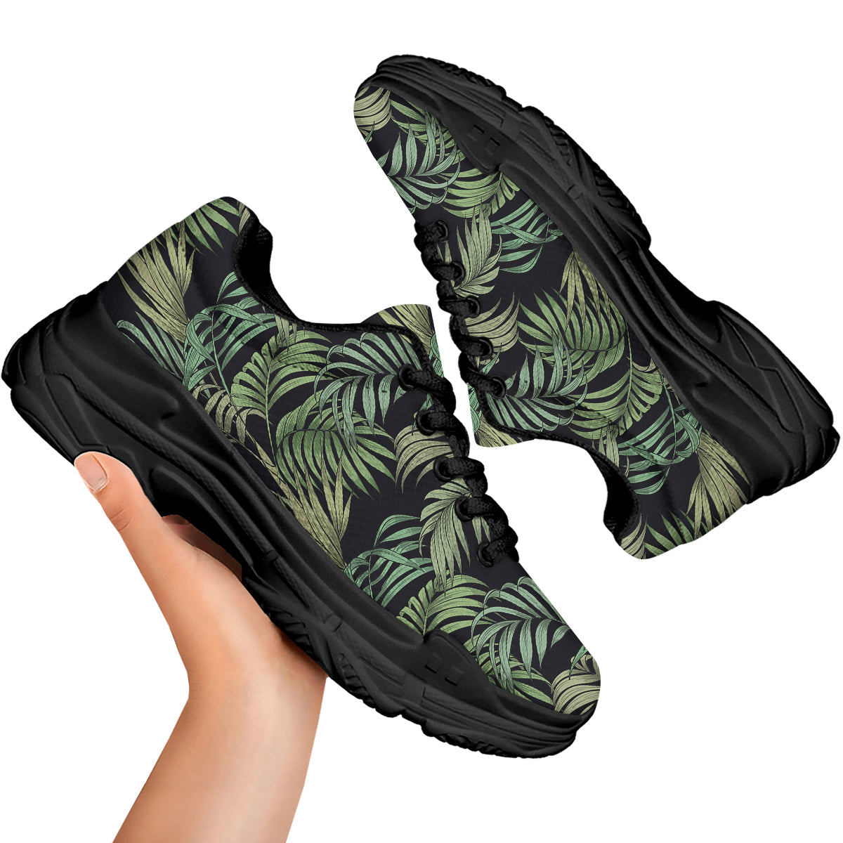 Fern Leaf Tropical Print Pattern Black Chunky Shoes-grizzshop