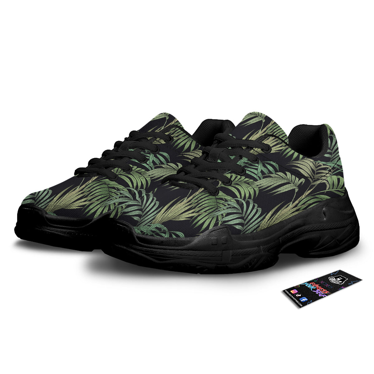 Fern Leaf Tropical Print Pattern Black Chunky Shoes-grizzshop