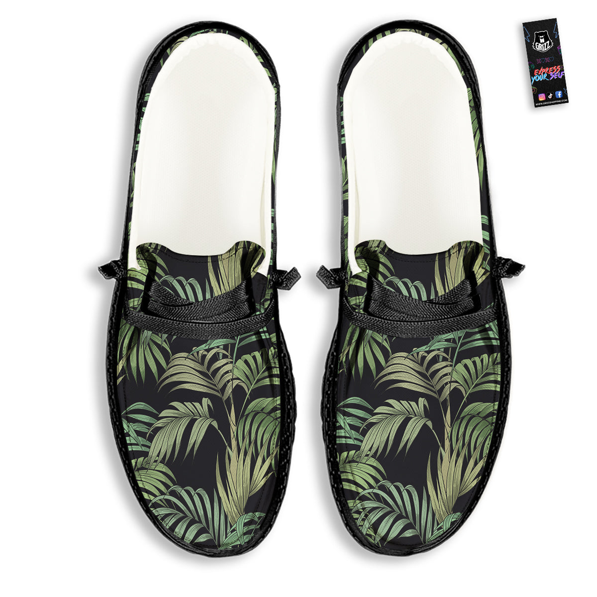Fern Leaf Tropical Print Pattern Black Loafers-grizzshop