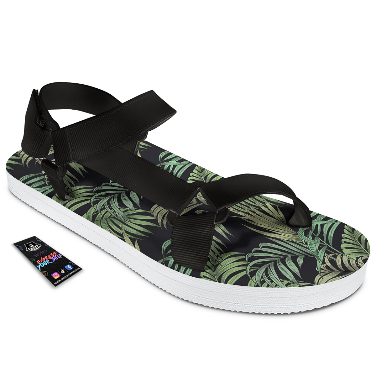 Fern Leaf Tropical Print Pattern Black Open Toe Sandals-grizzshop