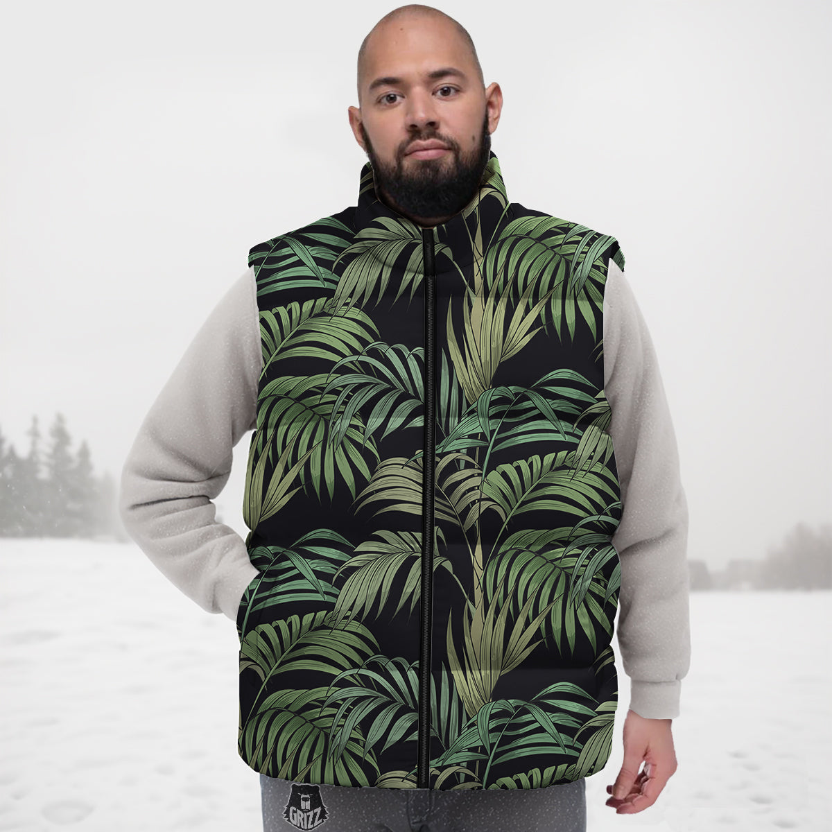 Fern Leaf Tropical Print Pattern Down Vest
