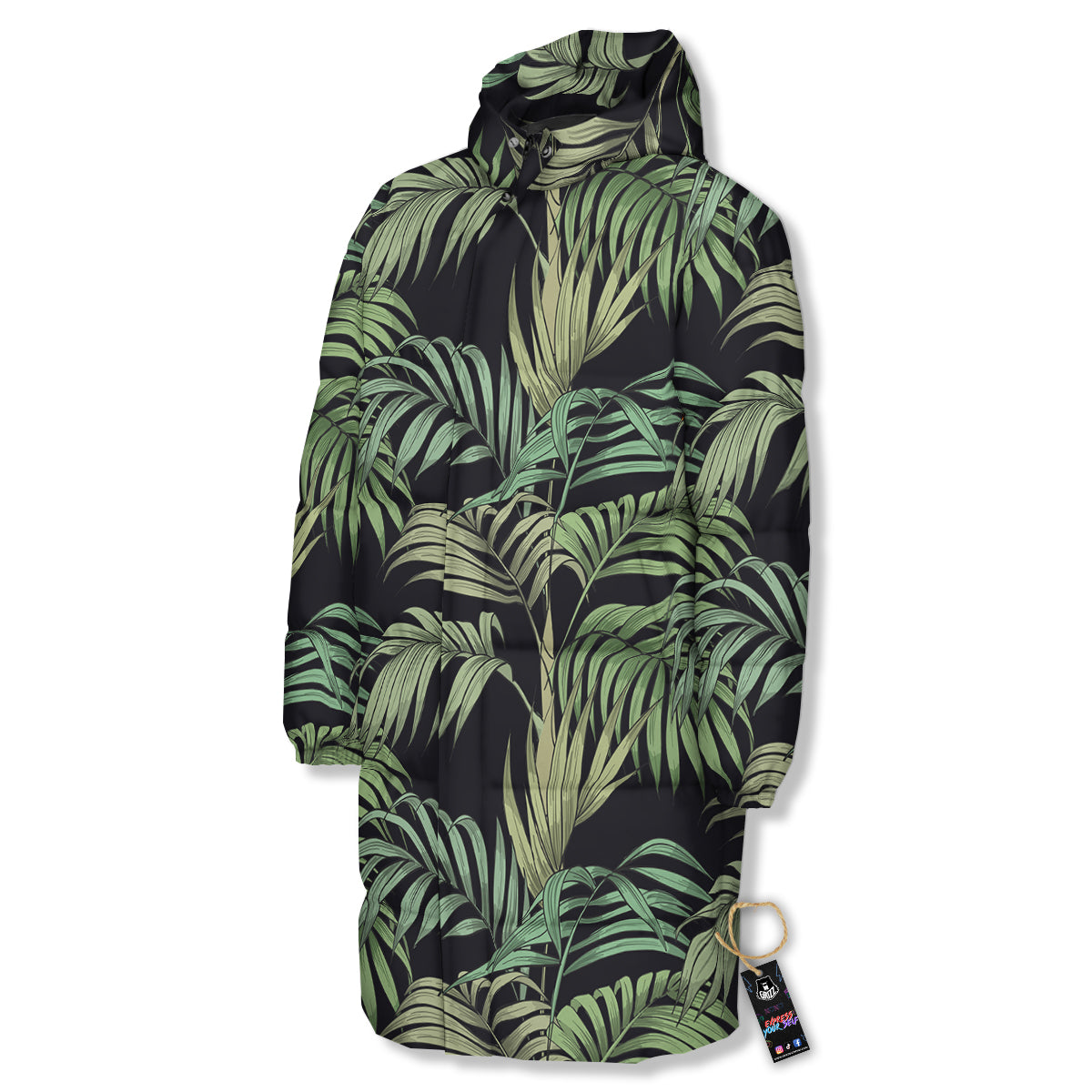 Fern Leaf Tropical Print Pattern Long Down Jacket-grizzshop