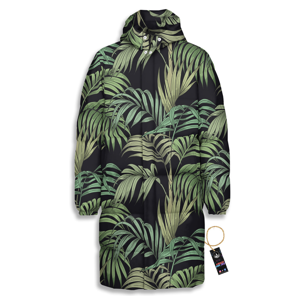Fern Leaf Tropical Print Pattern Long Down Jacket-grizzshop