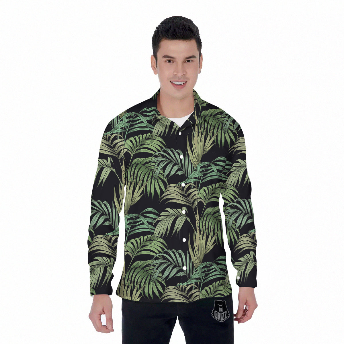 Fern Leaf Tropical Print Pattern Men's Long Sleeve Shirts-grizzshop