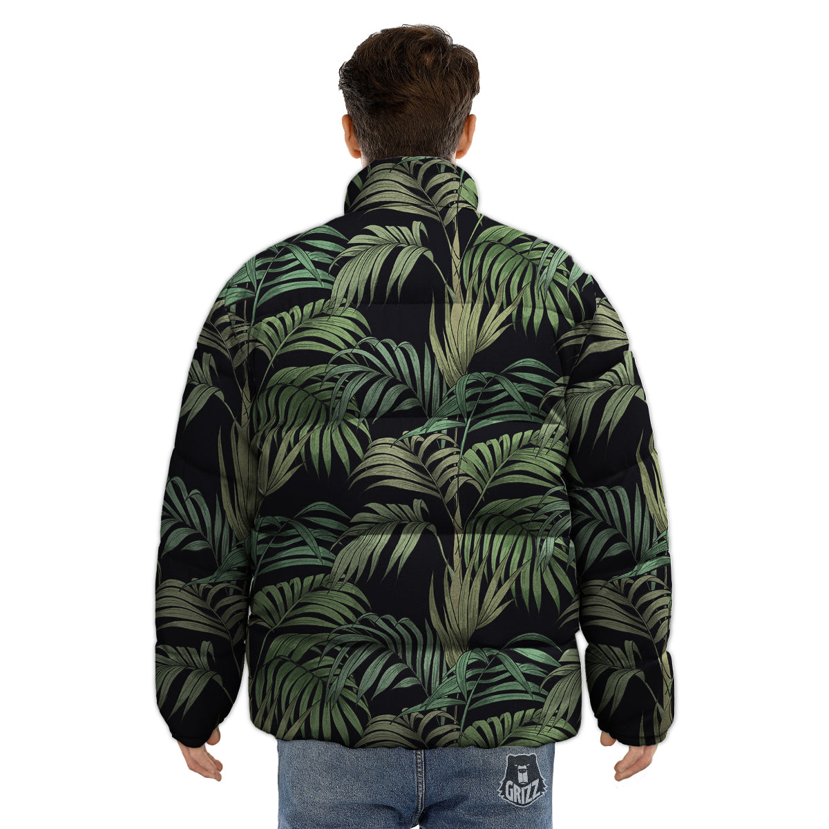Fern Leaf Tropical Print Pattern Puffer Jacket-grizzshop