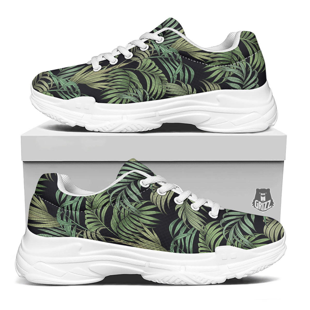 Fern Leaf Tropical Print Pattern White Chunky Shoes-grizzshop