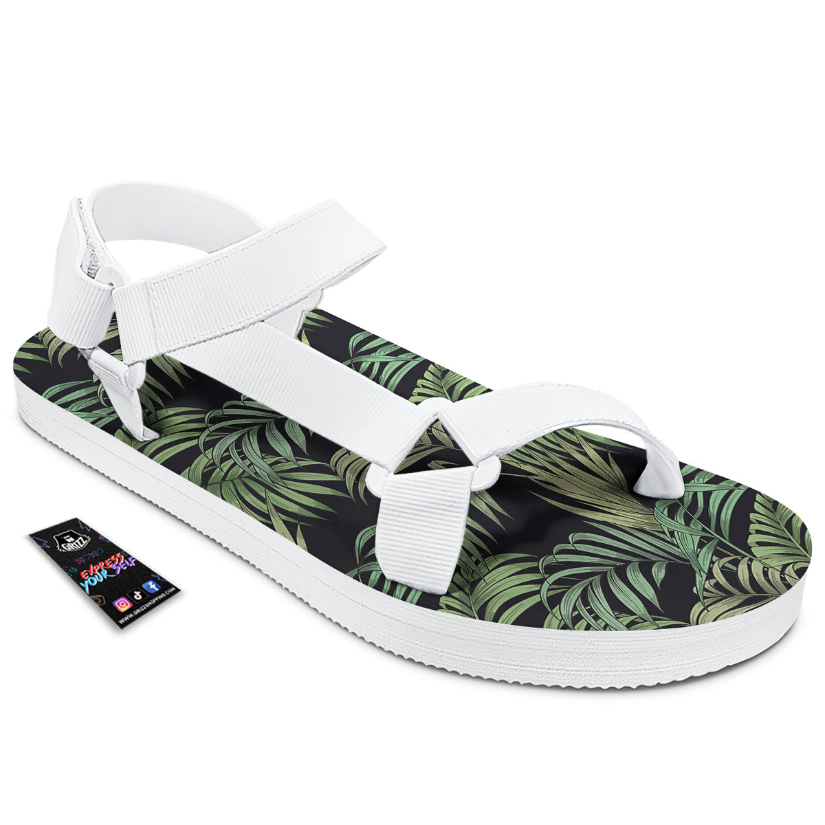 Fern Leaf Tropical Print Pattern White Open Toe Sandals-grizzshop