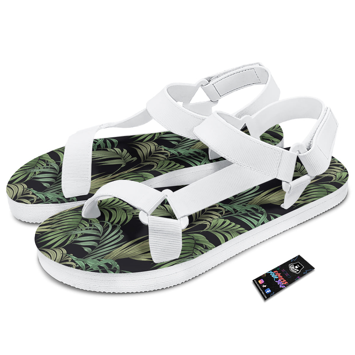 Fern Leaf Tropical Print Pattern White Open Toe Sandals-grizzshop