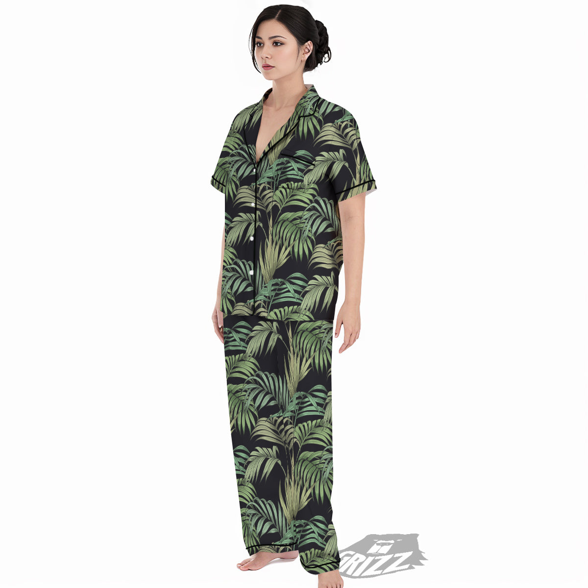 Fern Leaf Tropical Print Pattern Women's Pajamas Set-grizzshop