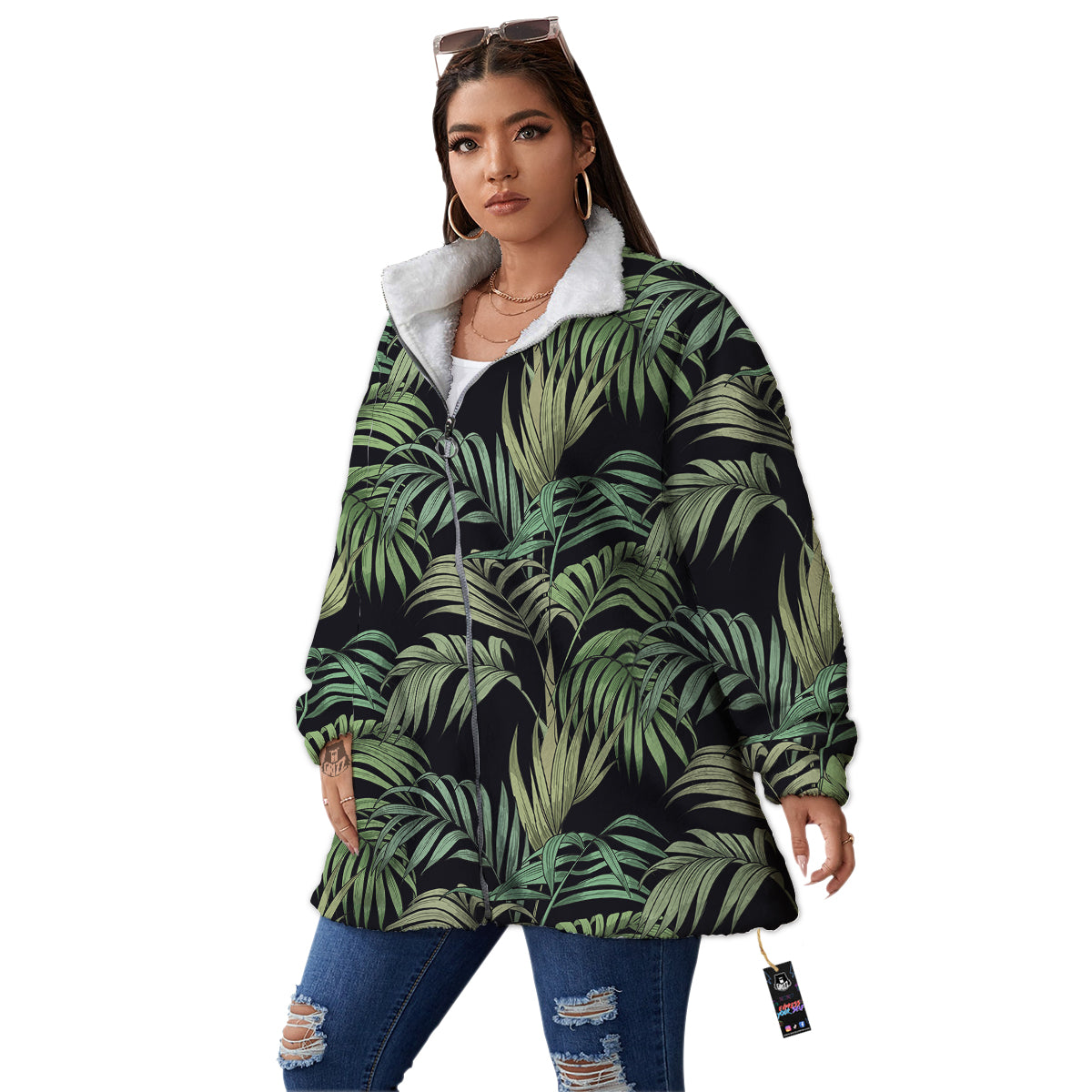 Fern Leaf Tropical Print Pattern Women's Sherpa Jacket-grizzshop