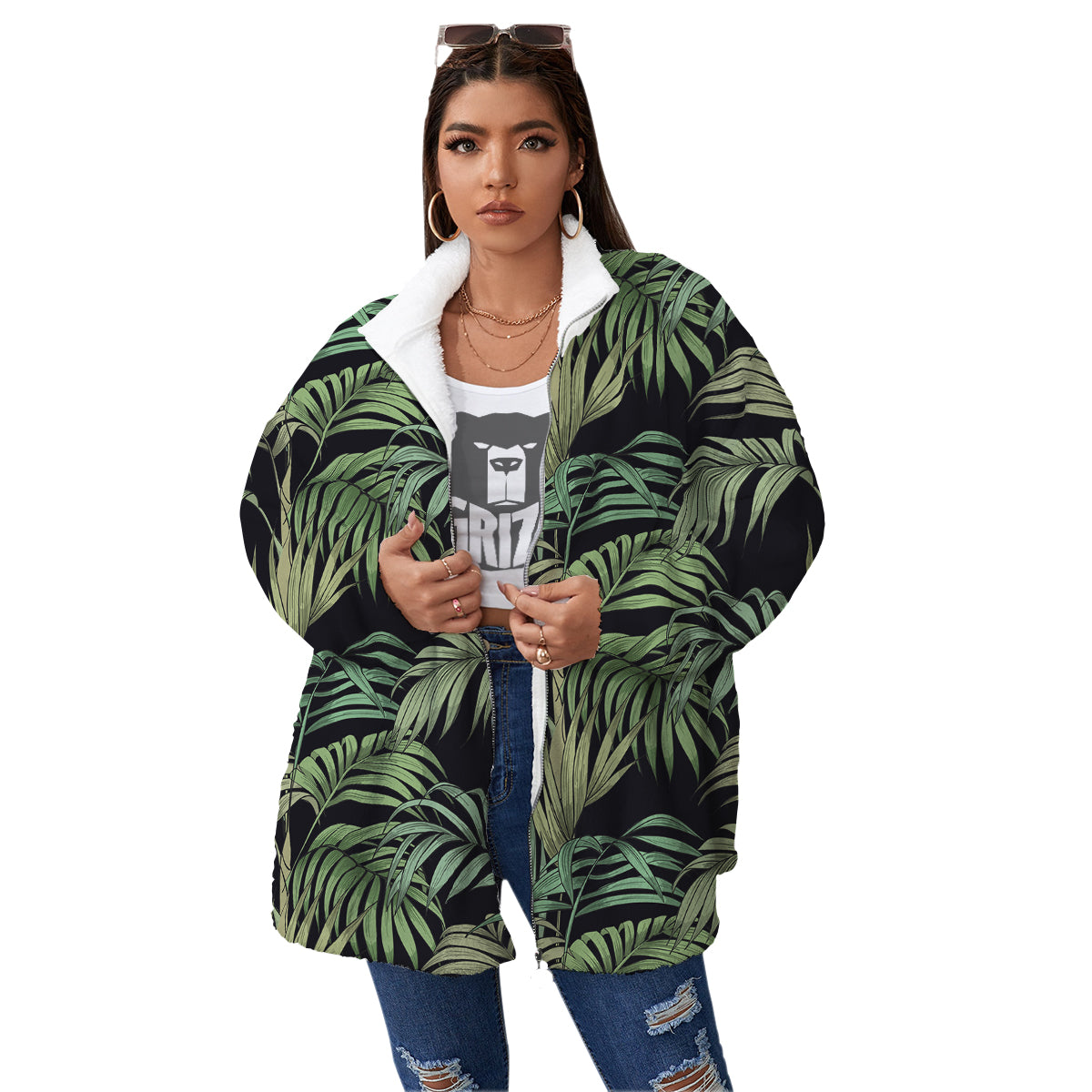 Fern Leaf Tropical Print Pattern Women's Sherpa Jacket-grizzshop