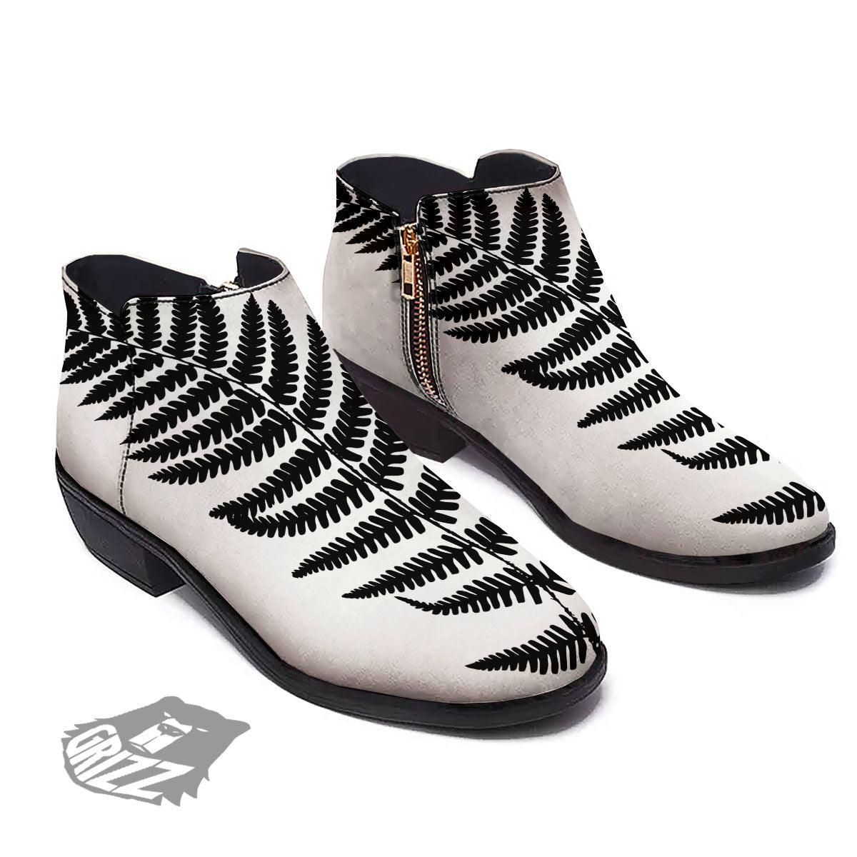 Fern Leaf White And Black Print Ankle Boots-grizzshop