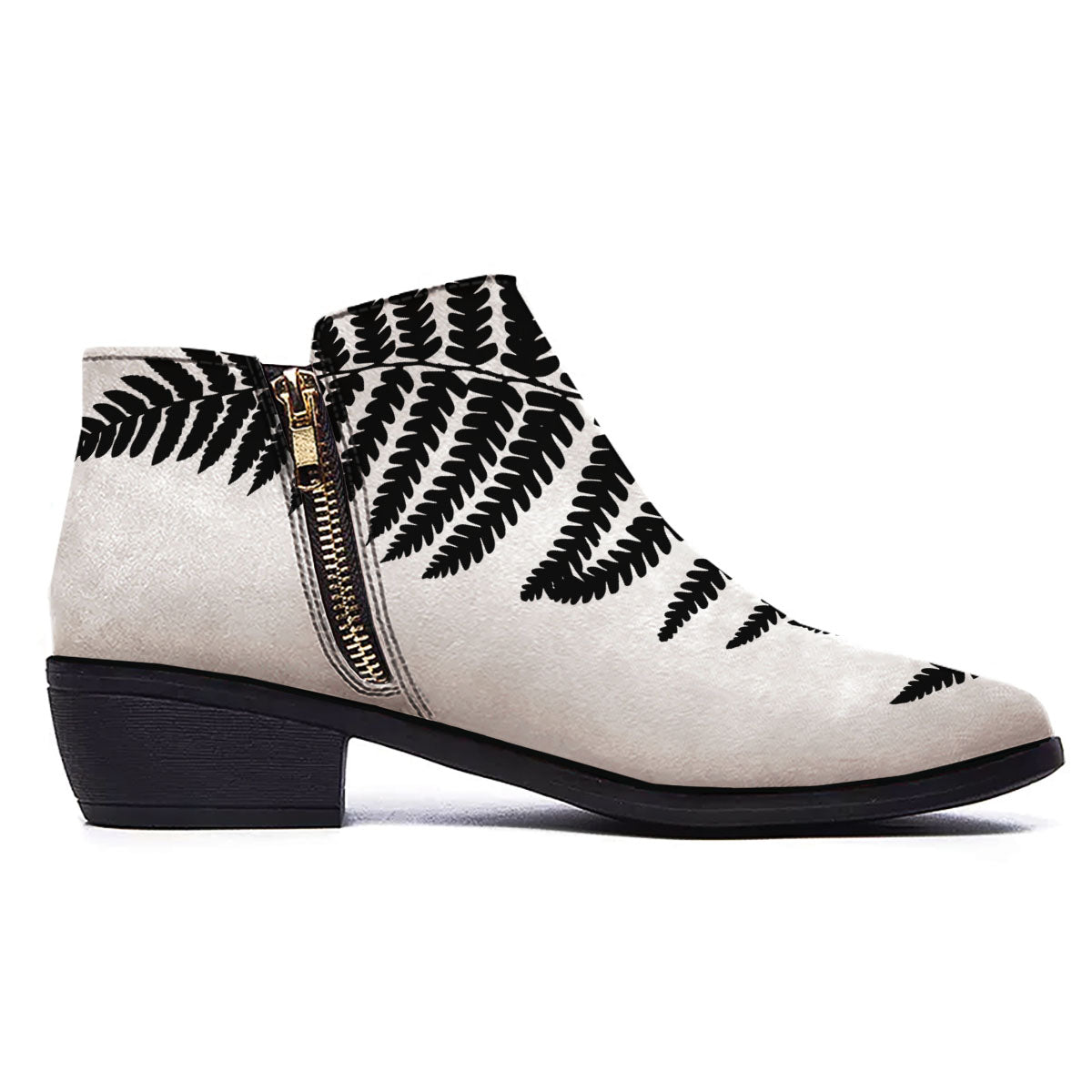 Fern Leaf White And Black Print Ankle Boots-grizzshop