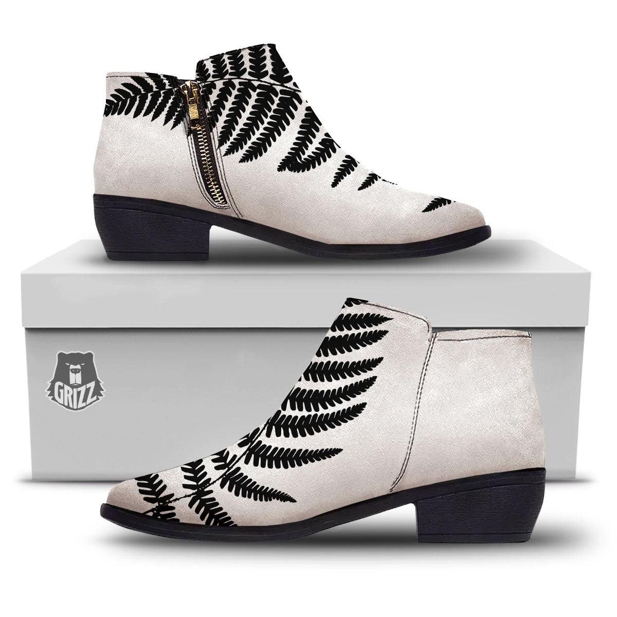 Fern Leaf White And Black Print Ankle Boots-grizzshop