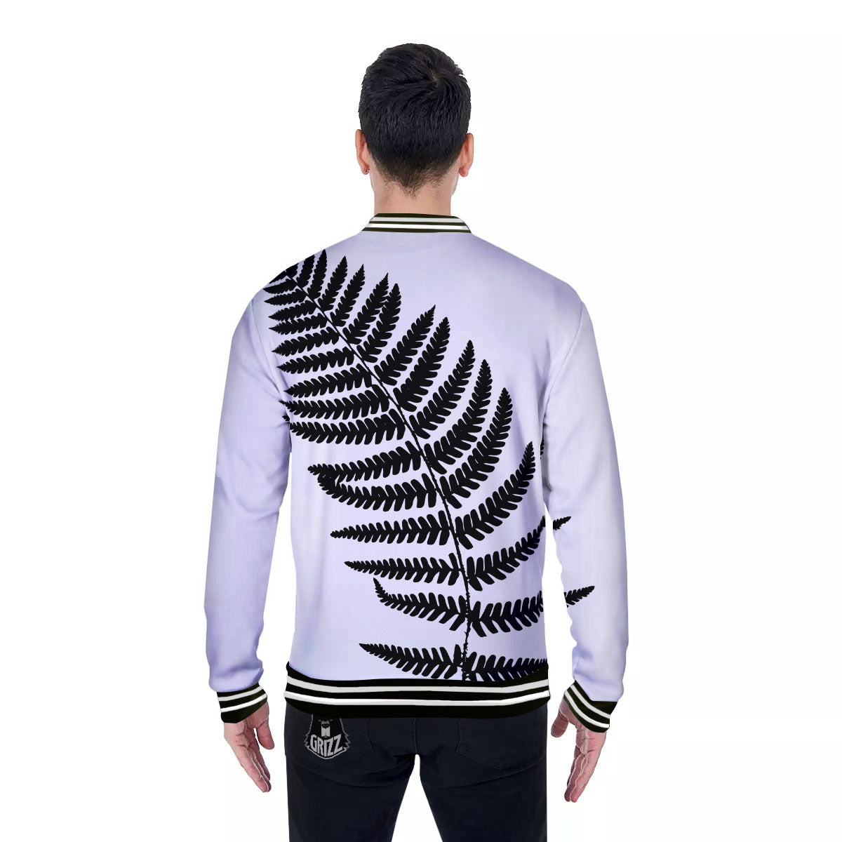 Fern Leaf White And Black Print Baseball Jacket-grizzshop