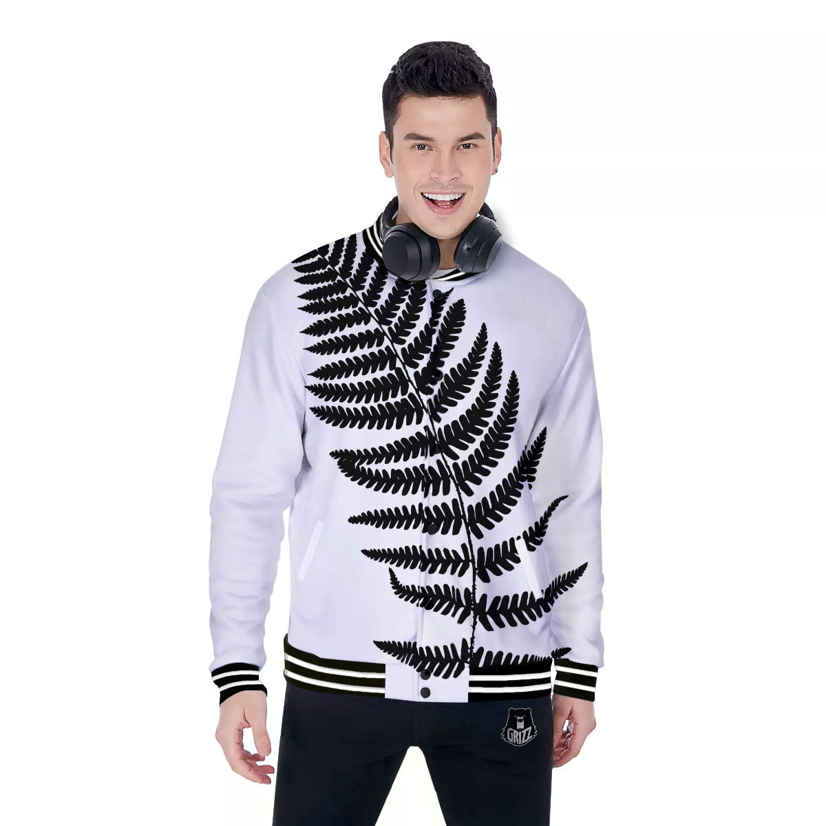 Fern Leaf White And Black Print Baseball Jacket-grizzshop
