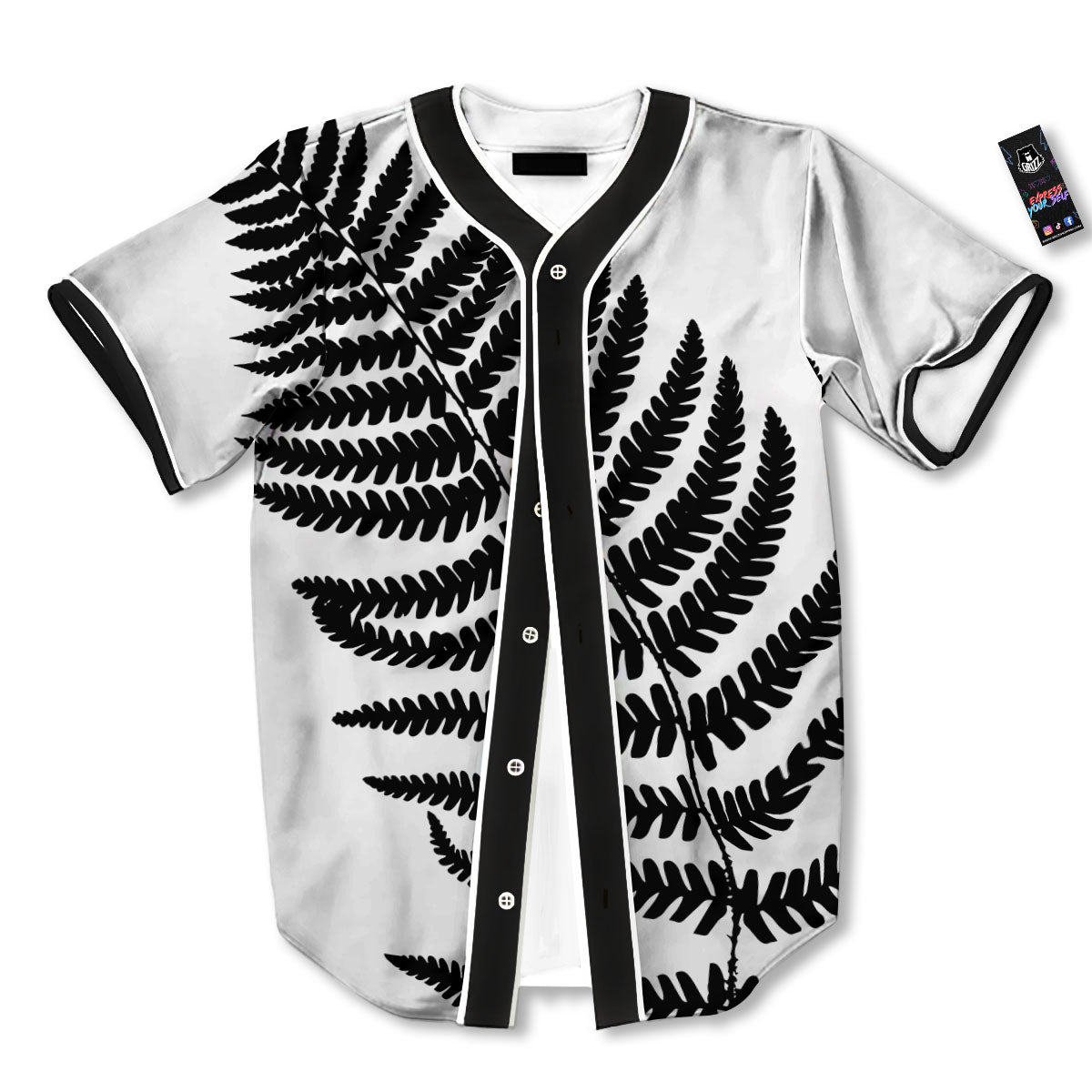 Fern Leaf White And Black Print Baseball Jersey-grizzshop