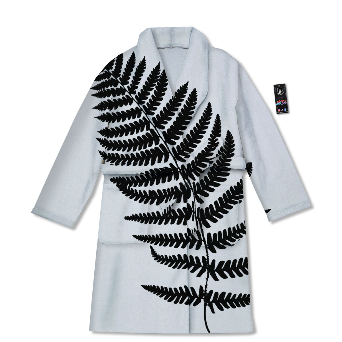 Fern Leaf White And Black Print Bathrobe-grizzshop