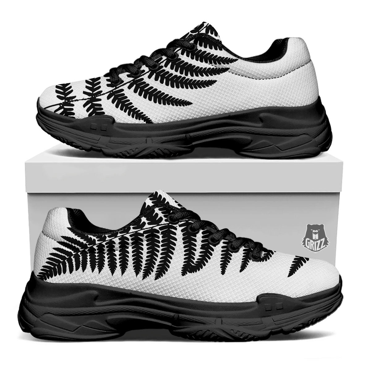 Fern Leaf White And Black Print Black Chunky Shoes-grizzshop