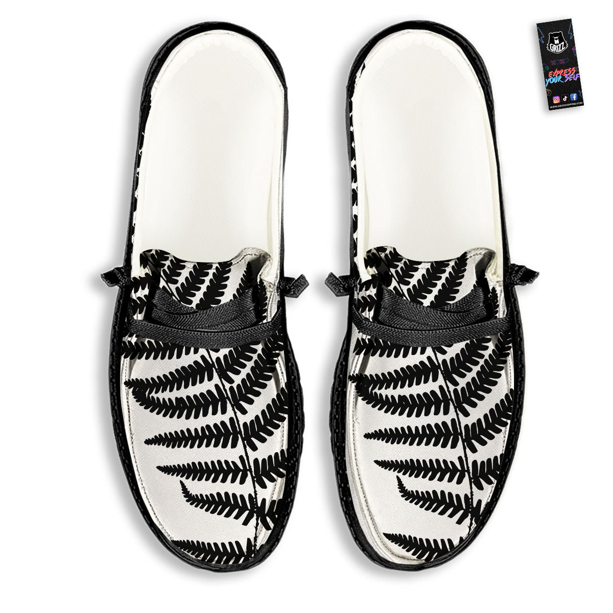 Fern Leaf White And Black Print Black Loafers-grizzshop