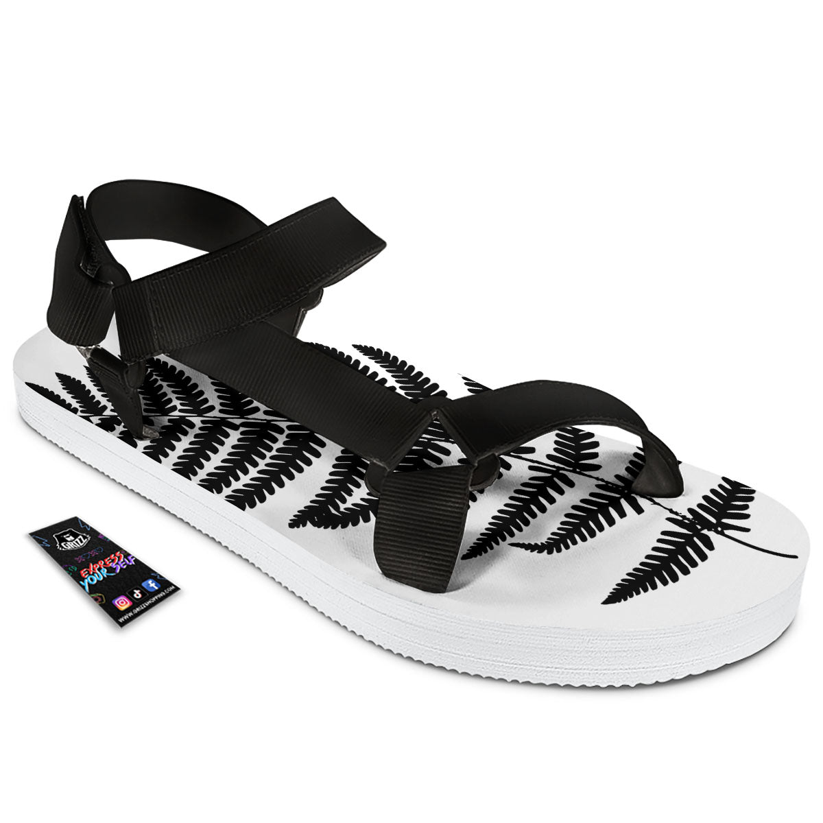 Fern Leaf White And Black Print Black Open Toe Sandals-grizzshop