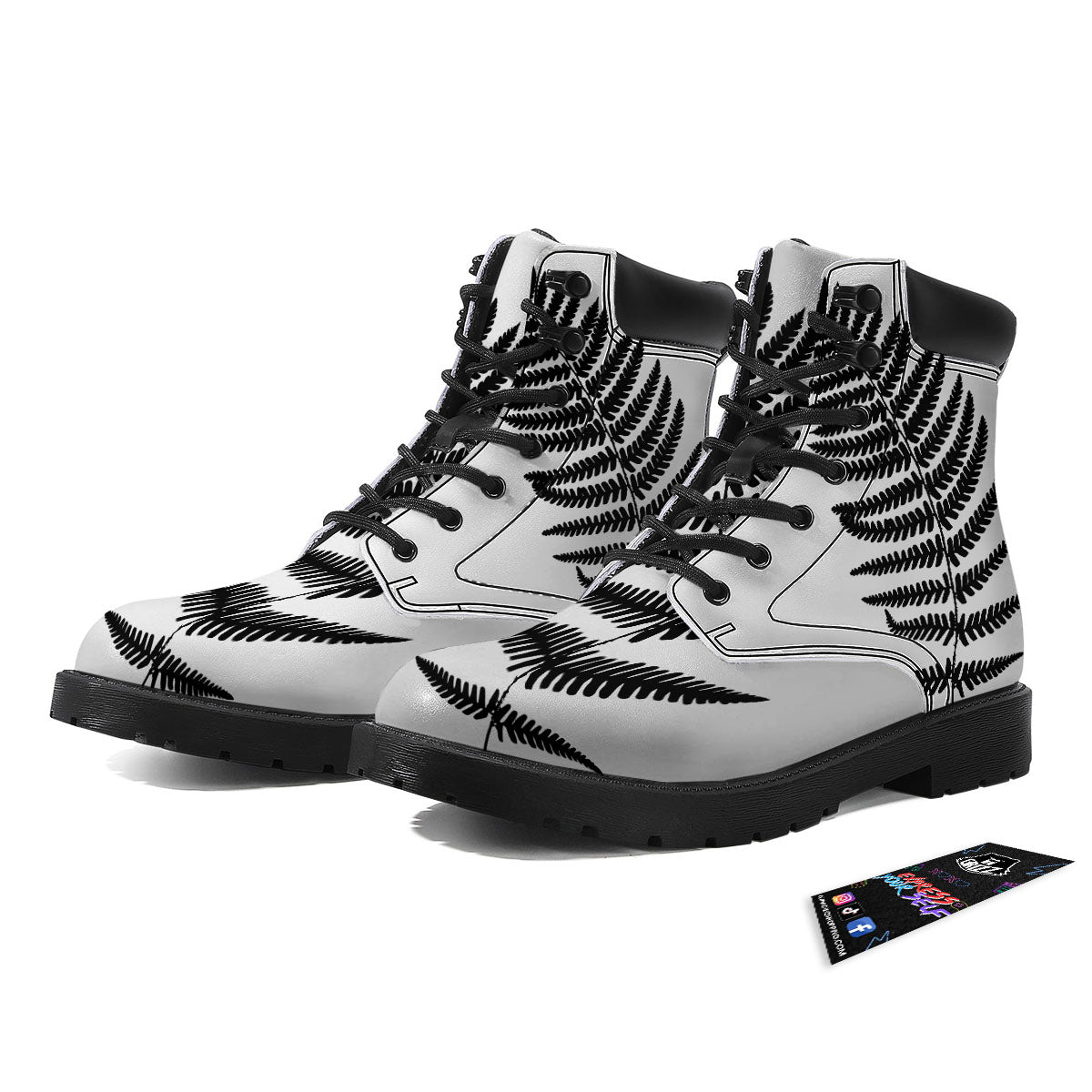 Fern Leaf White And Black Print Boots-grizzshop