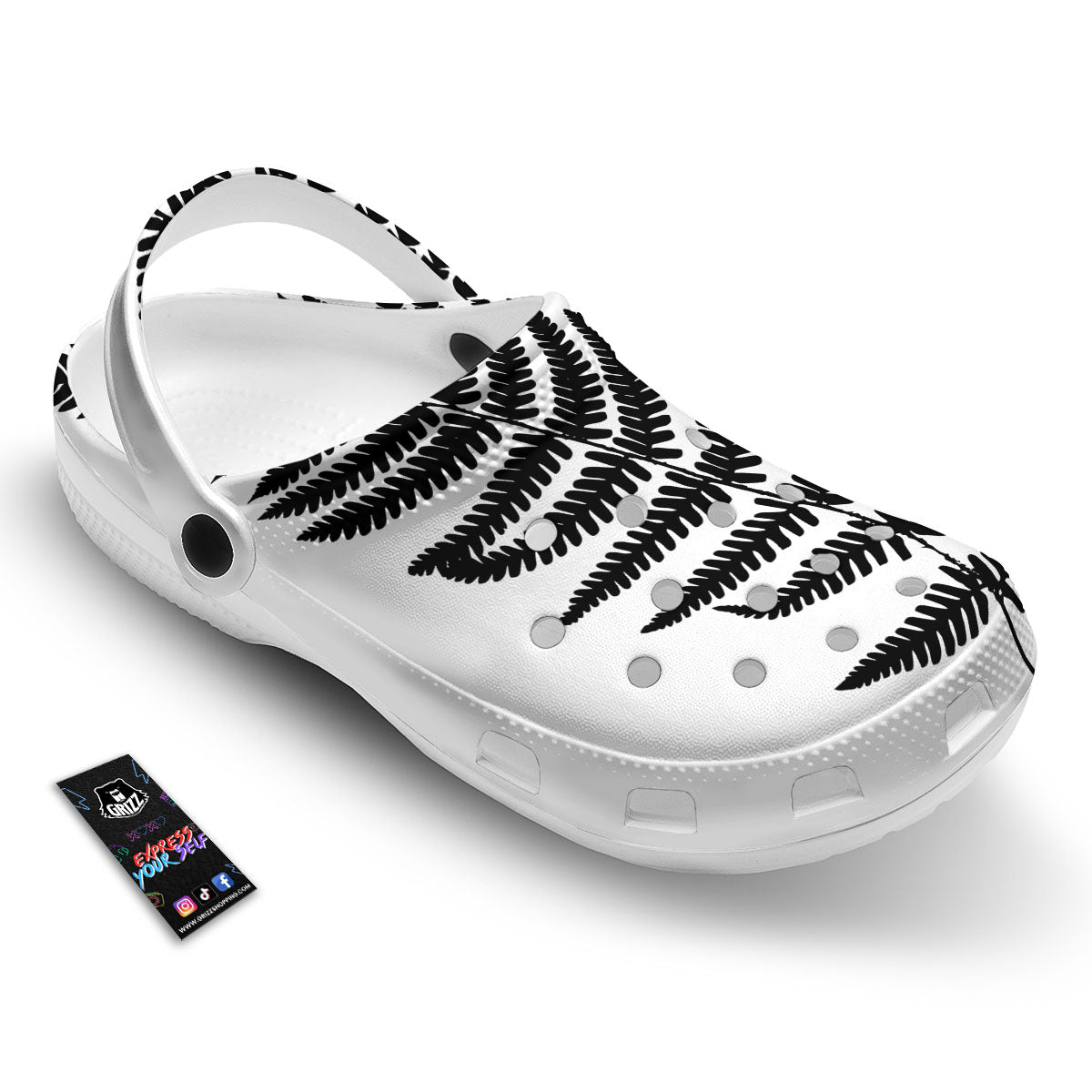 Fern Leaf White And Black Print Clog-grizzshop