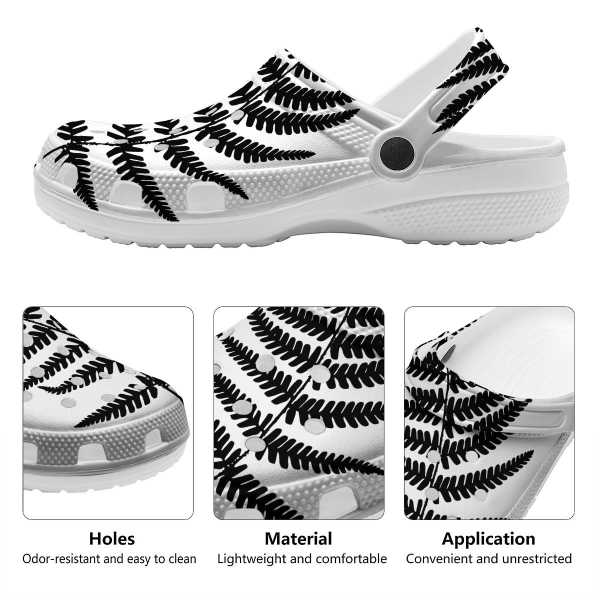 Fern Leaf White And Black Print Clog-grizzshop