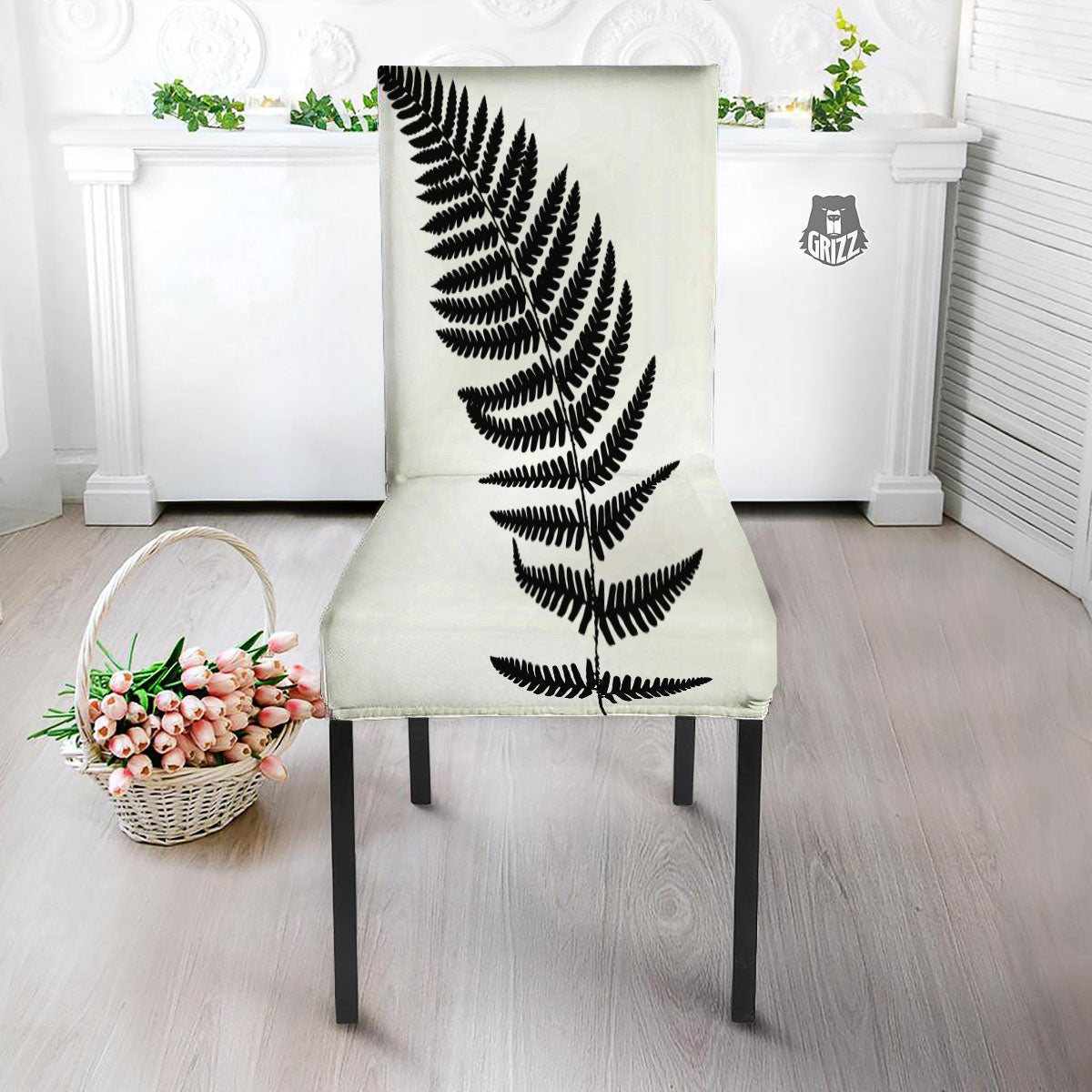 Fern Leaf White And Black Print Dining Chair Slipcover-grizzshop