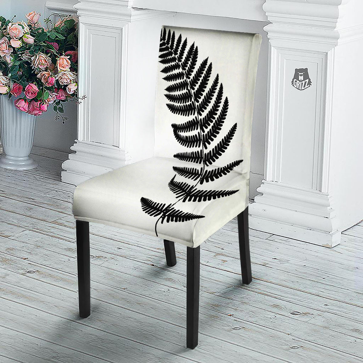 Fern Leaf White And Black Print Dining Chair Slipcover-grizzshop