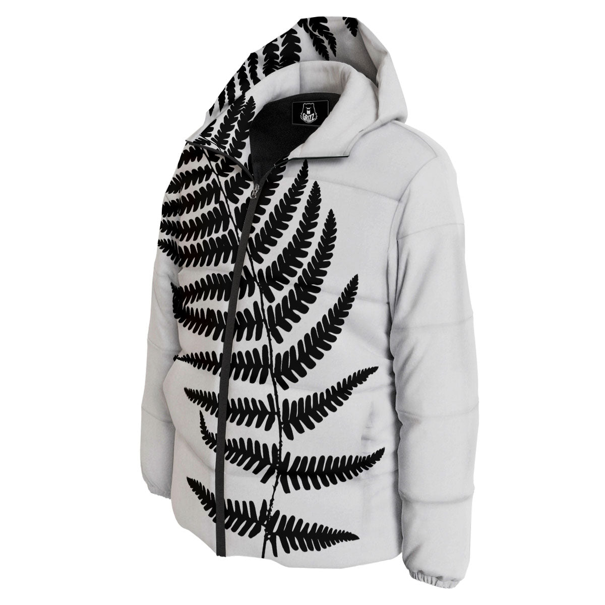 Fern Leaf White And Black Print Down Jacket-grizzshop