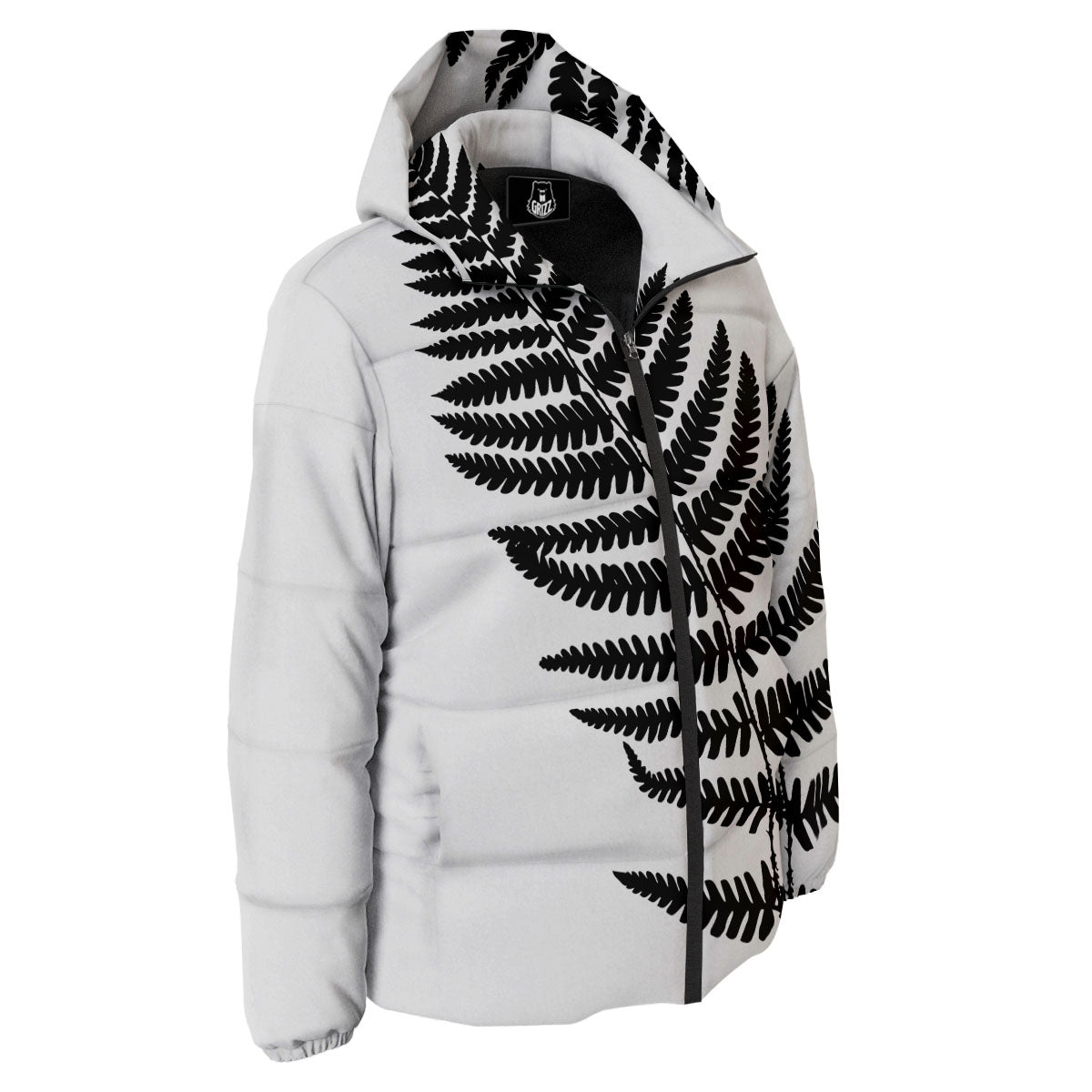 Fern Leaf White And Black Print Down Jacket-grizzshop