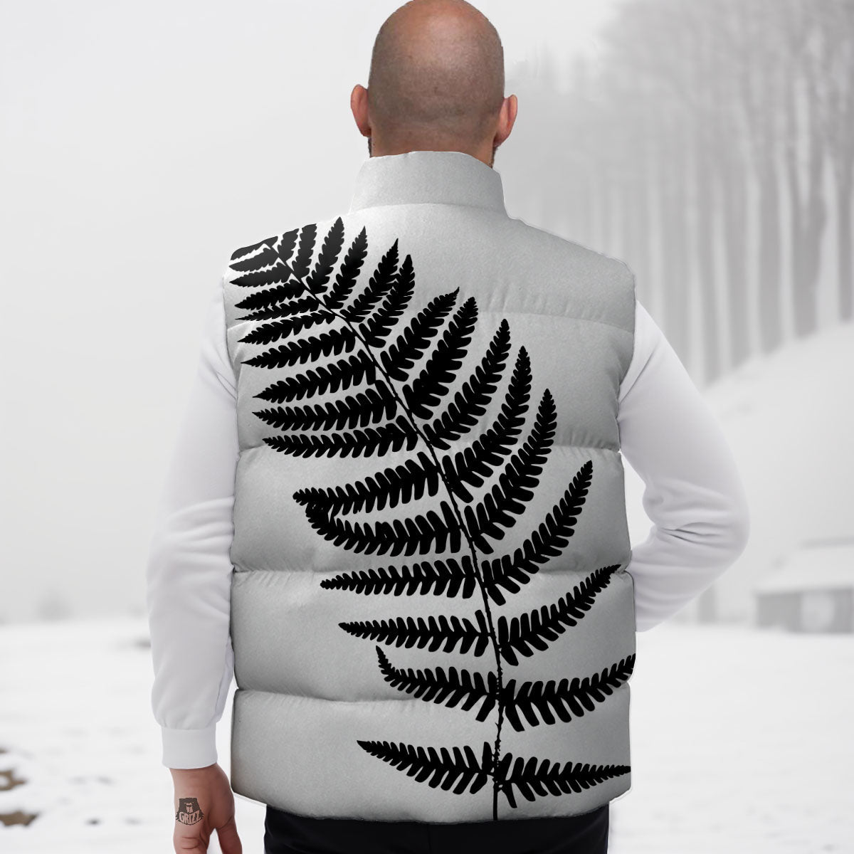 Fern Leaf White And Black Print Down Vest