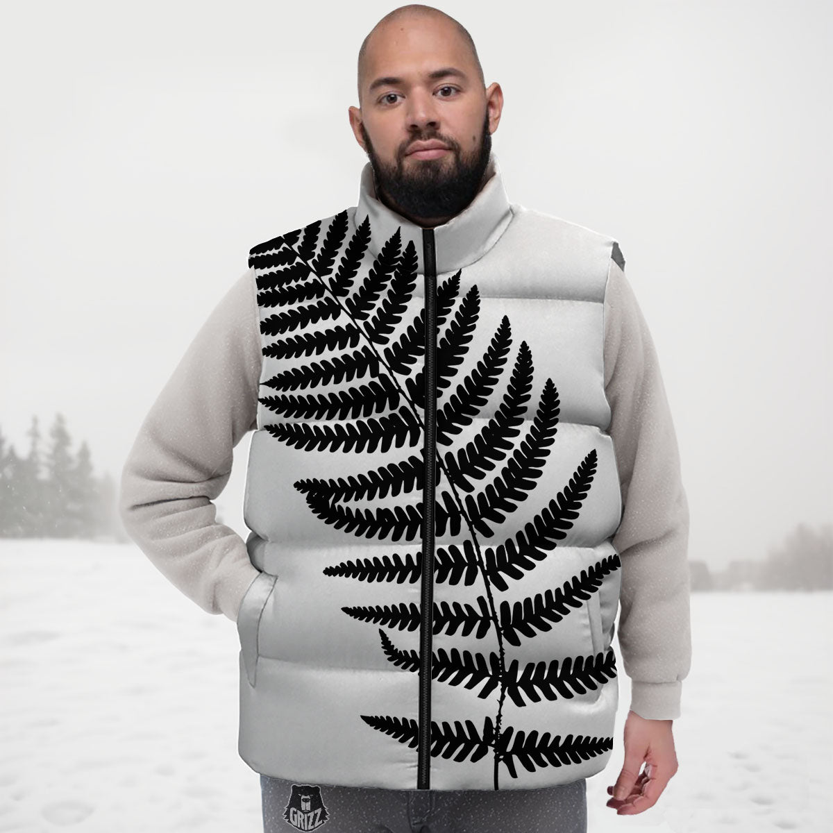 Fern Leaf White And Black Print Down Vest