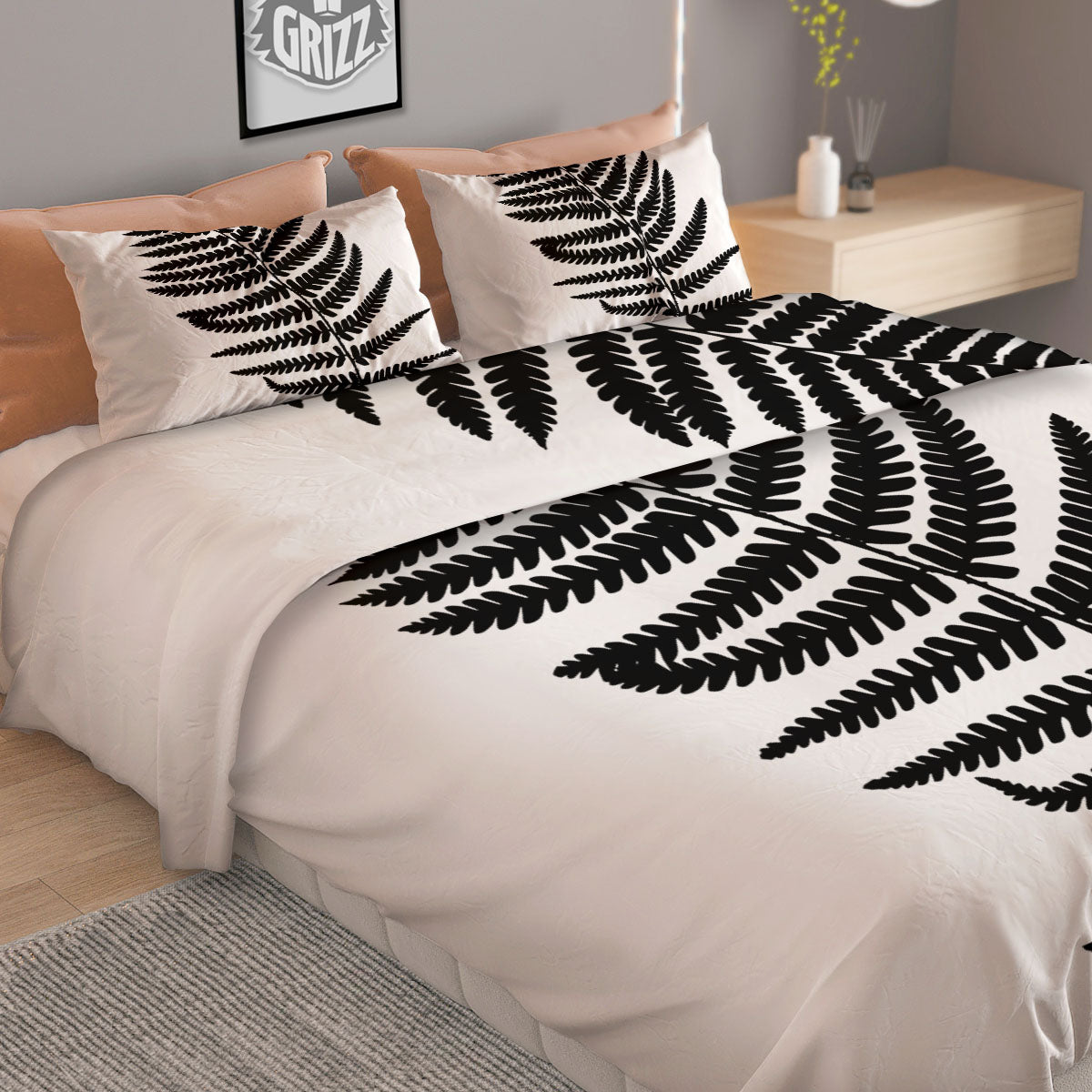 Fern Leaf White And Black Print Duvet Cover Bedding Set