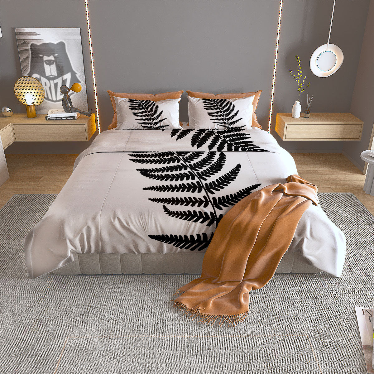 Fern Leaf White And Black Print Duvet Cover Bedding Set