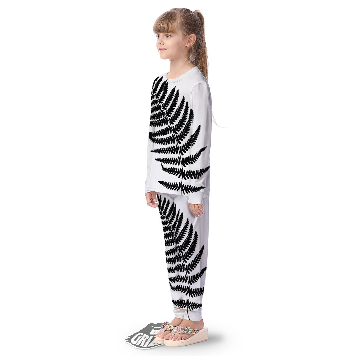Fern Leaf White And Black Print Kid's Pajamas-grizzshop