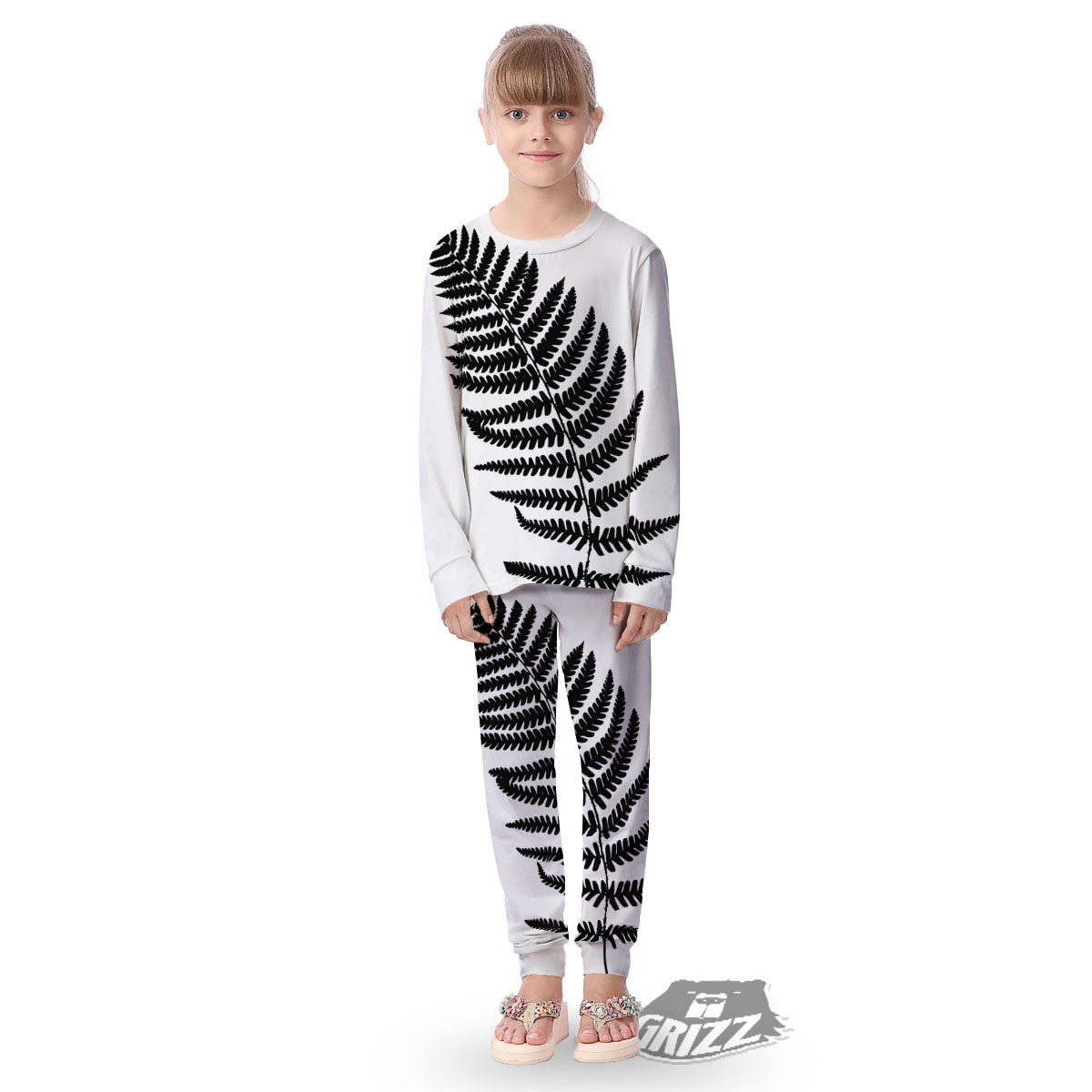 Fern Leaf White And Black Print Kid's Pajamas-grizzshop