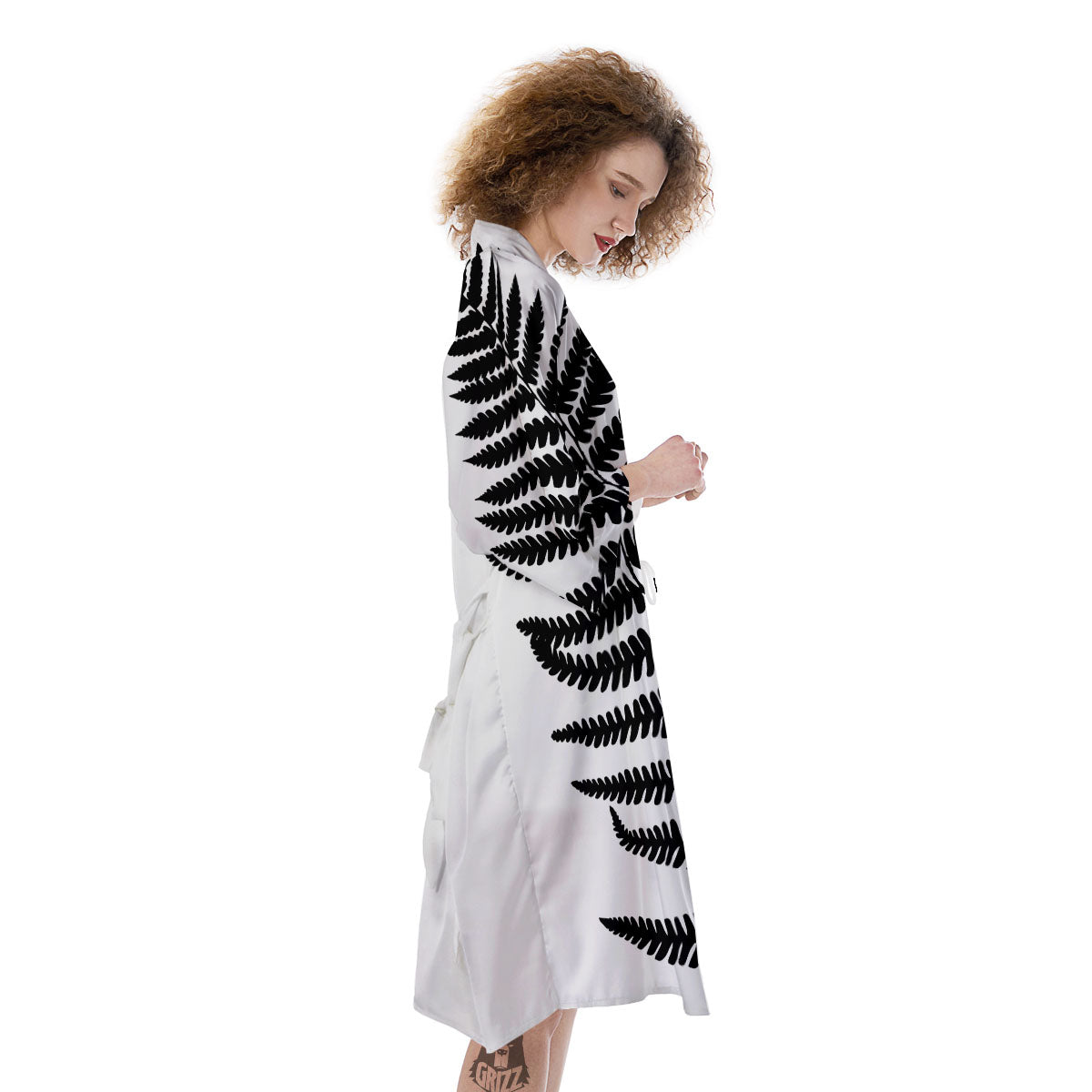 Fern Leaf White And Black Print Kimono-grizzshop