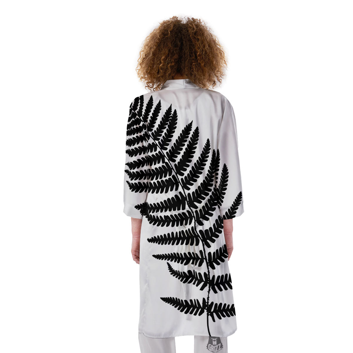 Fern Leaf White And Black Print Kimono-grizzshop